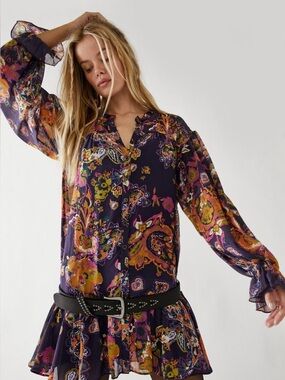 Free People Purple Paisley Floral Long-Sleeve Mini Dress